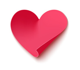 Valentine romance holiday red heart realistic sticker. Love day paper label, romantic heart shape adhesive vector memo note. Romance celebration decorative 3d sticker or card with folded corner