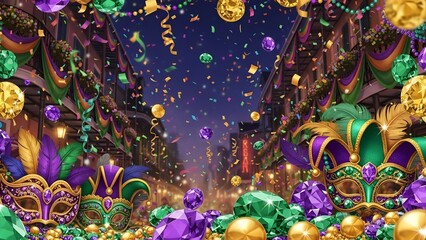 Naklejka premium Festive Carnival Celebration: A vibrant and immersive panorama captures the essence of a lively carnival, adorned with elaborate masks, dazzling beads, and a cascade of confetti.