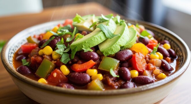 Hearty bowl of steaming vegetarian chili garnished with fresh avocado slices and herbs