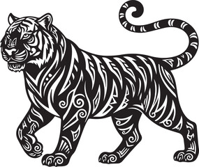 Obraz premium Stylized black and white tiger illustration with tribal patterns