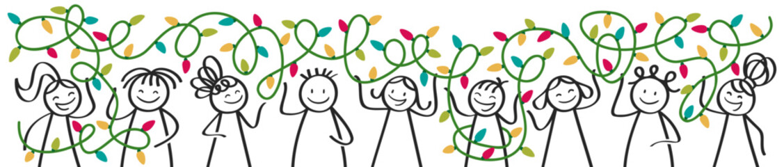 Happy stick figures holding colorful string lights, festive holiday vector Banner