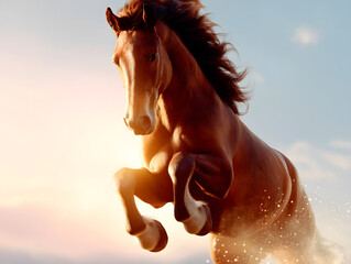 A majestic and surreal horse leap captured in dramatic cinematic lighting.