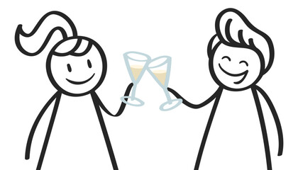 Stick figures toasting with champagne, man and woman smiling and celebrating