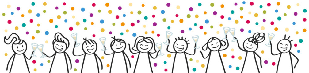Cheerful stick figures toasting with champagne, festive celebration vector banner