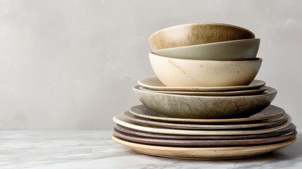 A stack of ceramic bowls and plates on a marble surface, with a neutral background.