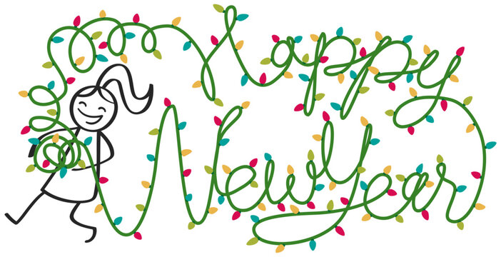 Happy New Year stickwoman walking with colorful string lights, funny vector banner