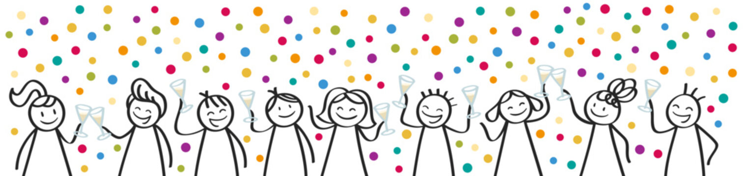 Cheerful stick figures toasting with champagne, festive celebration vector banner