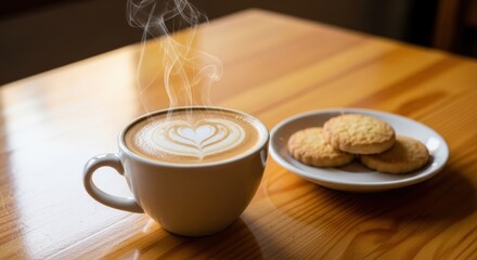 Steaming cup of expertly crafted coffee beverage rests beside small cookies on a wooden surface