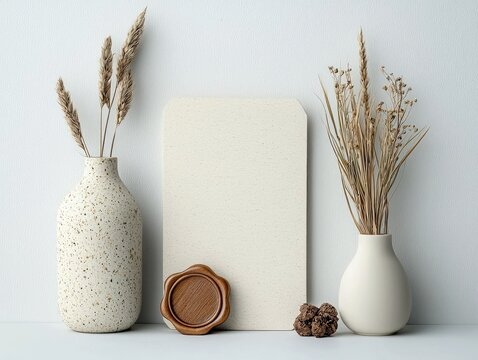 Vases with dried flowers and blank card on white background