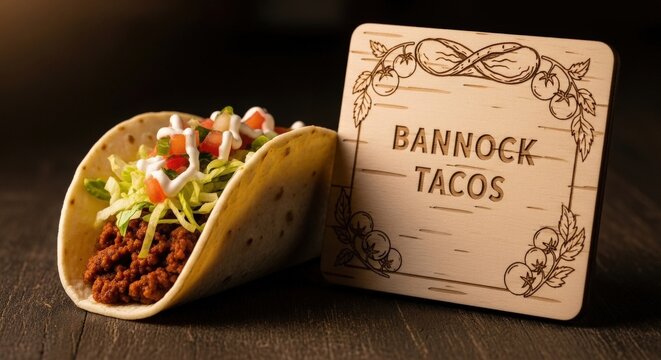 Bannock Tacos with Visible Filling &ndash; Indigenous Fusion Street Food with Hand-Engraved Birch Wood Sign