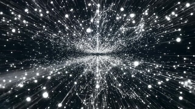 Seamless loop of geometric dark blue background dissolving and breaking apart into a fast field of data connections and glowing white nodes breaking apart, digital, energy