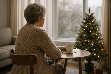 Elderly woman looking out window with coffee during calm thoughtful Christmas morning
