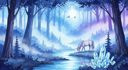 Magical unicorn grazing by a river in an enchanted forest with sparkling crystals and birds flying above