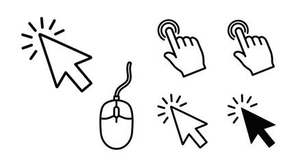 Collection of essential computer mouse cursor icons illustrating various click actions and digital pointer symbols for user interface design and interactive applications