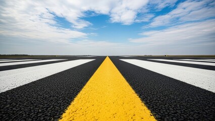 Naklejka premium Empty airport runway with clear yellow and white markings under a bright blue sky with clouds.