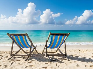 Beach Chairs on Sandy Shore with Ocean and Sky