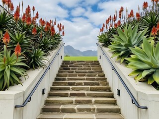 Stone Staircase with Aloe and Agave Plants, Mountain View