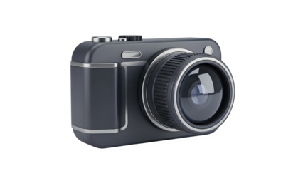 Compact digital camera with a prominent lens, featuring a dark gray body with silver accents, isolated on transparent background