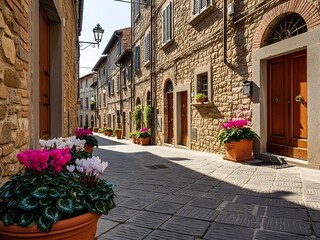 Historic town alley with stone walls and potted cyclamen flowers