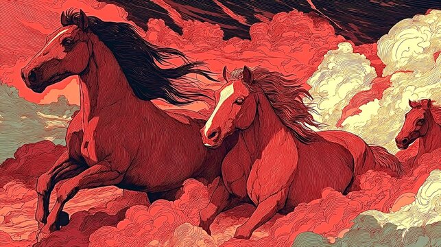Wild horses running through red storm clouds artwork