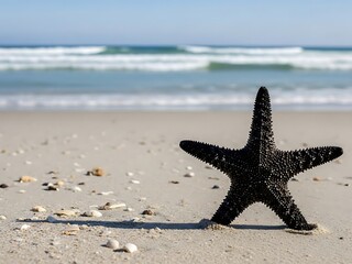 Black Starfish on Sandy Beach with Ocean Waves