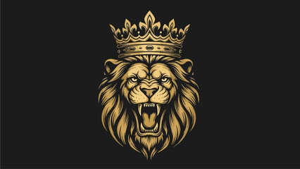 Fototapeta premium Vector illustration of a fierce crowned lion's head, an emblem of ultimate power, majesty, and unyielding strength on a dark background, perfect for logos or impactful graphic designs