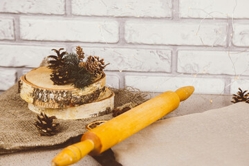 Ingredients for Christmas cookies with cinnamon on a baking sheet top view