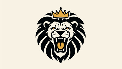Stylized vector illustration of a roaring lion king with a golden crown. A powerful and majestic emblem symbolizing strength and royalty