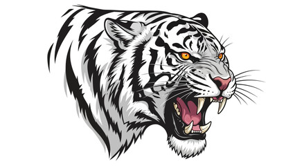 Vector art of an aggressive white tiger head with glowing eyes, baring its fangs in a powerful roar, showcasing its detailed whiskers