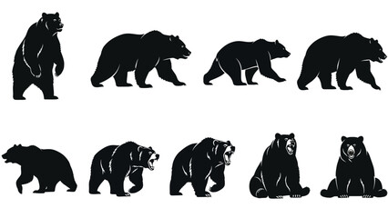 Obraz premium Collection of black bear silhouettes in various dynamic poses. Vector illustration set with walking, standing, and roaring grizzly figures for icons or logos