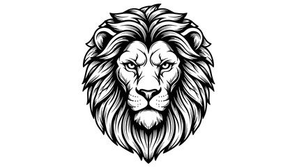A powerful and majestic lion head illustration with a fierce gaze, rendered in a detailed black and white line art style for a logo or emblem