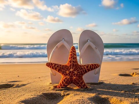 Starfish and flip-flops on beach sand - Powered by Adobe