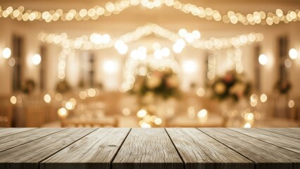 Empty wooden table with blurred festive event background.