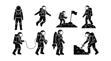 Collection of black silhouettes depicting people film reels and movie related elements