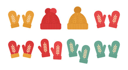 Winter accessories including stylish hats and mittens illustrated in flat vector style, ideal for seasonal fashion designs, clothing promotions