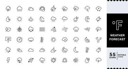 Pixel Perfect,Weather Forecast line editable icon set. sun, rain, snow, cloud, humidity, cloudy, rainy season,Weather , clouds, sunny day, moon, snowflakes, wind, sun day. Vector illustration