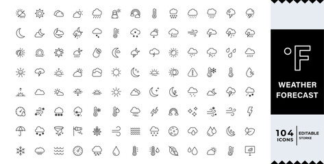 Pixel Perfect,Weather Forecast line editable icon set. sun, rain, snow, cloud, humidity, cloudy, rainy season,Weather , clouds, sunny day, moon, snowflakes, wind, sun day. Vector illustration