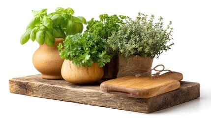 Three potted herbs, basil, parsley, and thyme, arranged on a wooden tray with a rustic wooden board, set against a white background.