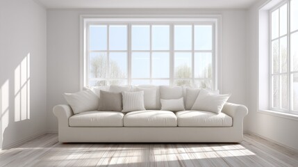 Fototapeta premium A white, minimalist living room with a large window, a white sofa, and a wooden floor.