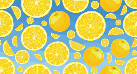 Refreshing seamless pattern of bright yellow whole lemons and juicy slices scattered against a vibrant blue sky background.