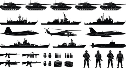 Military silhouette collection featuring tanks, warships, fighter jets, helicopters, submarines, weapons, ammunition, and soldier figures for defense graphics, tactical design,