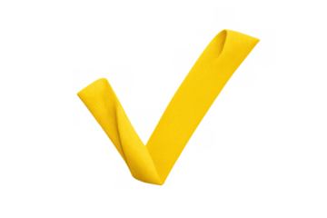 Yellow fabric check mark symbol forming a tick, representing approval, validation, done, success on a transparent background