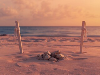Serene beach scene at sunset with two wooden posts and scattered stones on pink sand
