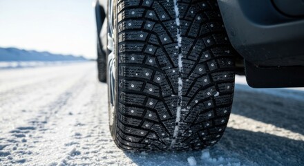 Close-up of a studded tire on a snow-covered road under a bright sky