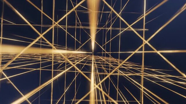 A geometric abstract with golden lines forming a cube like structure on a dark background