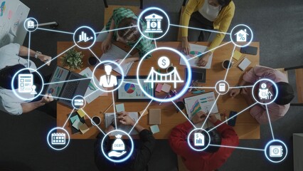 Loan icons represent debt, repayment, and financial planning. Loan supports banking, loan connects...