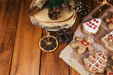 Wooden boards with gingerbread cookies with space for text
