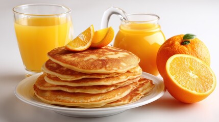 A plate of pancakes with orange slices and a glass of orange juice, with a half orange and a pitcher of orange juice in the background.