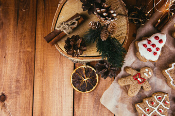 Wooden boards with gingerbread cookies with space for text