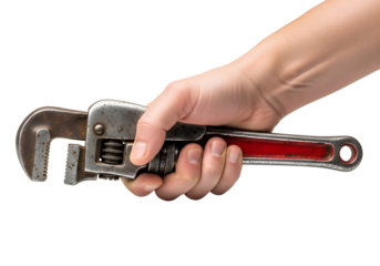 Hand holding a pipe wrench isolated on transparent background